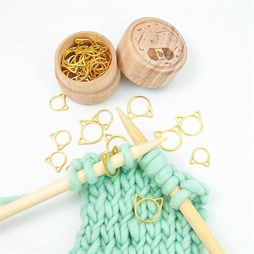 30 marcadores de costura con caja de almacenamiento de madera, orejas de gato, marcadores de bloqueo de ganchillo, pestillo de ganchillo,