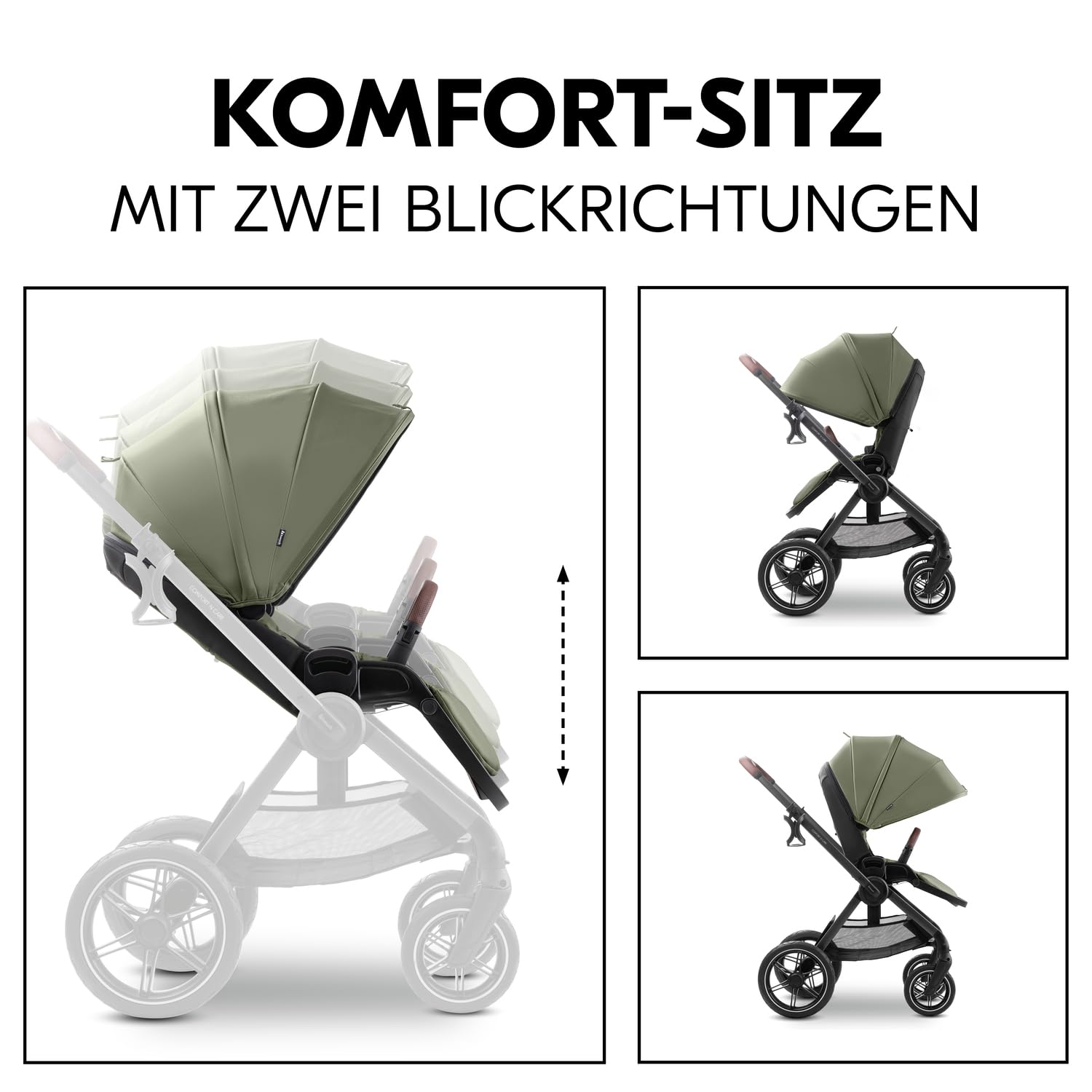 Hauck Comfort N Care Set Olive 2in1 Kinderwagen mit Gummireifen, Wanne, Wendbarer Sitz, bis 22 kg, Höhenverstellbar, inkl. Autositz Adapter