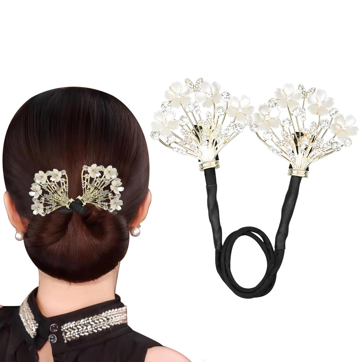PALAY® Juda Hair Bun Accessories for Women,Quick Bun Maker for Hair,Medium Thick Clips Women White Floral Rhinestone Style Accessories Twist Clips Daily Party