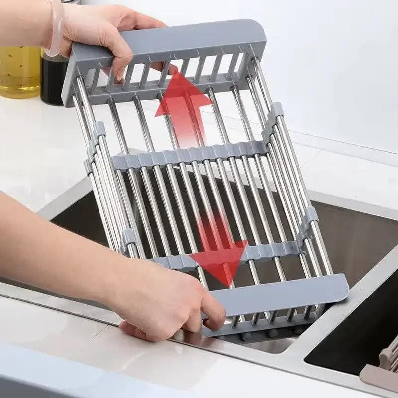 Extendable Stainless Steel Kitchen Sink Drain Basket, Retractable Dish Drying Rack, Over The Sink Drainer, Space-Saving Stainless Drain Rack, Extended/Adjustable for Dishes, Fruits, Vegetables (Small)