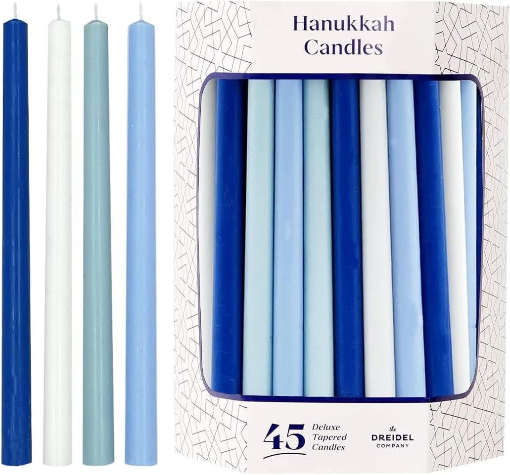 The Dreidel Company Deluxe Tapered Hanukkah Menorah Candles for All 8 Nights of Chanukah (Pastel Blue/White)