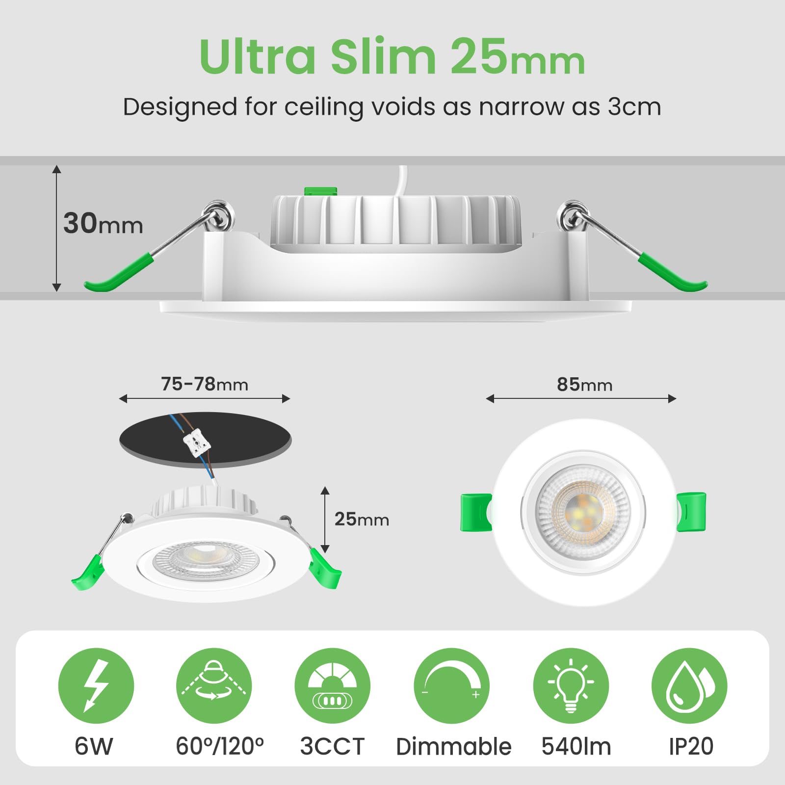 ALUSSO LED Einbaustrahler 230V, 6W 540lm Schwenkbar Einbauspot mit Abnehmbar LED Modul, Dimmbar 3CCT Warmweiß Neutralweiß Kaltweiß, 60°/120° Umschaltbar Abstrahlwinkel, 48er