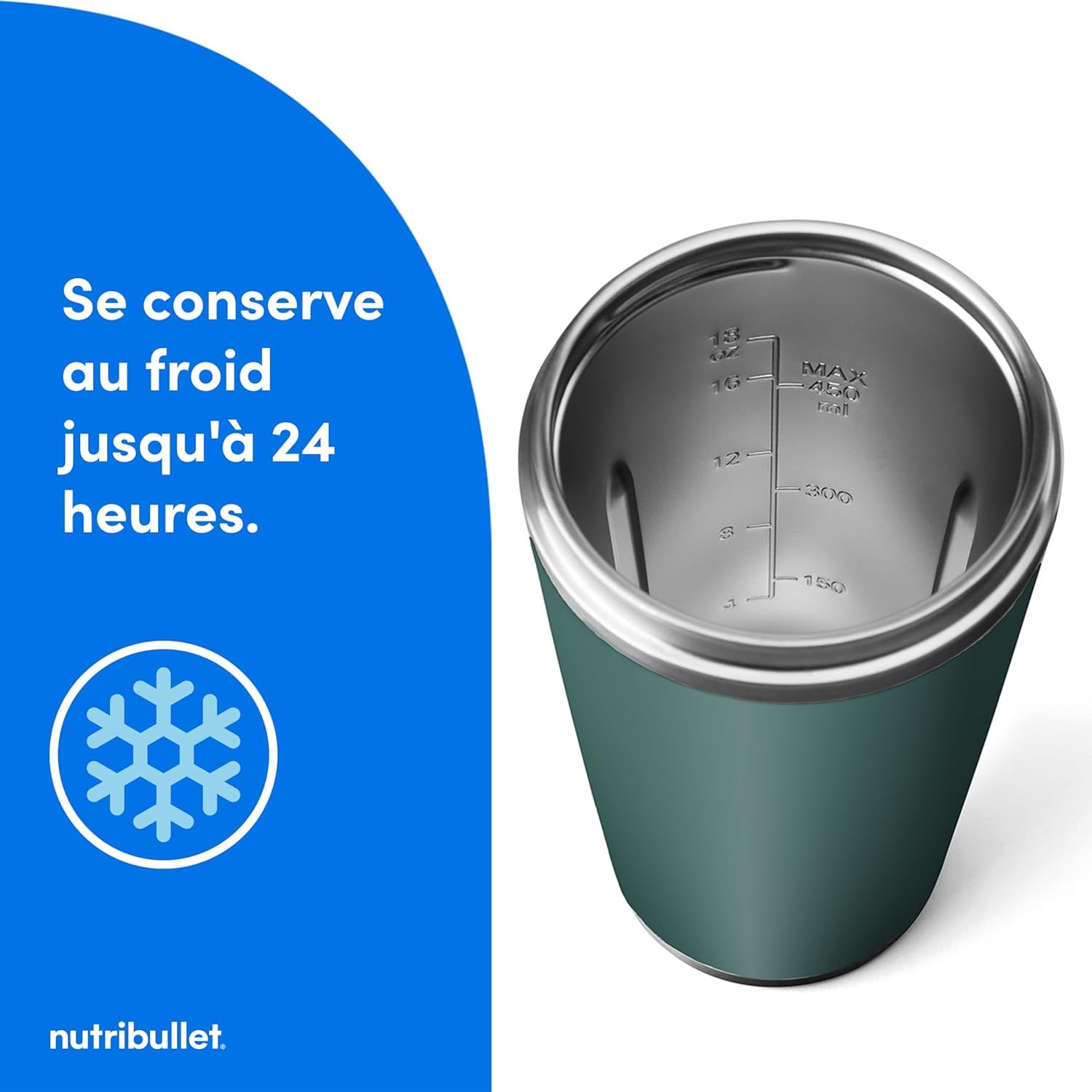 nutribullet Flip NBP016EUC, Blender Portable avec Gobelet Isotherme de 590ml, Conserve le Froid Pendant 24h, Couvercle et Paille Inclus, Chargement USB-C, Acier Inoxydable, Couleur Eucalyptus
