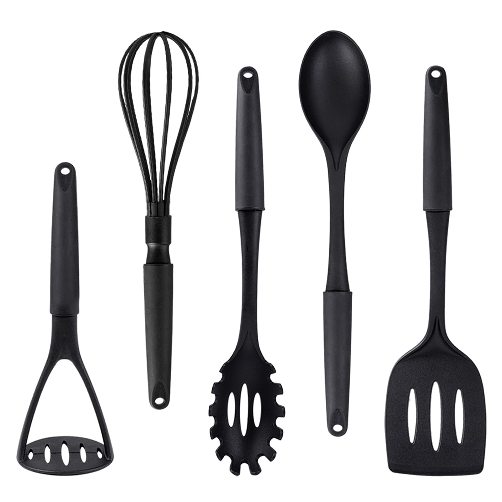 Nylon Kitchen Utensils Set of 5- Space Saving Kitchen Accessories Include Whisk Pasta Spoon Potato Masher Spoon Slotted Spatula Easy to Grip Nonstick Cooking Utensils Heat Resistant (Black)