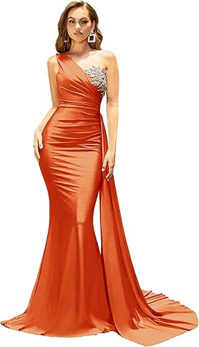 One Shoulder Mermaid Bridesmaid Dresses for Wedding Long Satin Prom Dresses Beaded Lace Appliques Formal Evening Party Gowns