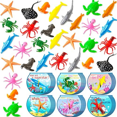 36Pcs Valentines Day Gifts Cards with Ocean Animals Toys for Kids- Realistic Mini Sea Creature Figure Toys with Cards for Kids Classroom Exchange Valentines Gifts School Valentines Party Favors