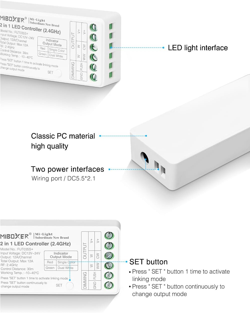 LGIDTECH FUT035SA+ Miboxer 2 in 1 LED Controller Kits,Compatible with Single Color & Dual white CCT LED Strip Light