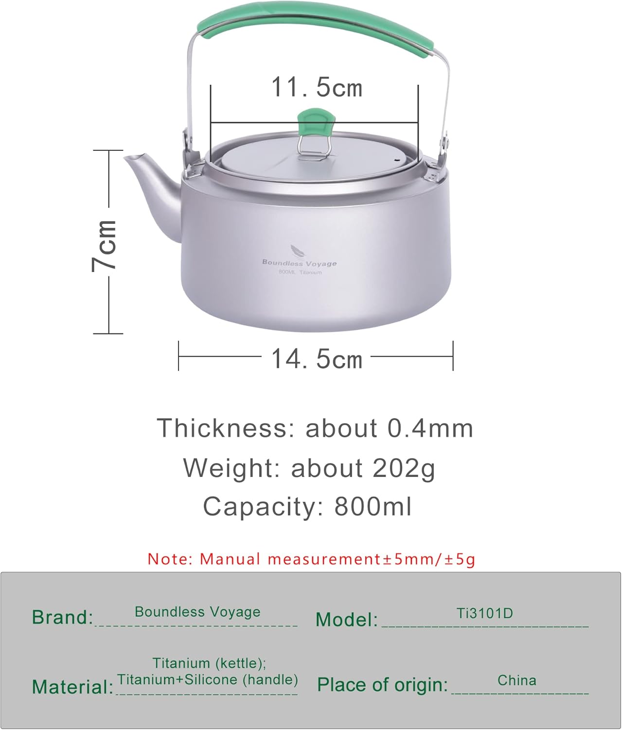 Boundless Voyage Titanium Kettle 800ml/1200ml with Folding Handle Filter Outdoor Camping Big Capacity Teapot (800ml)