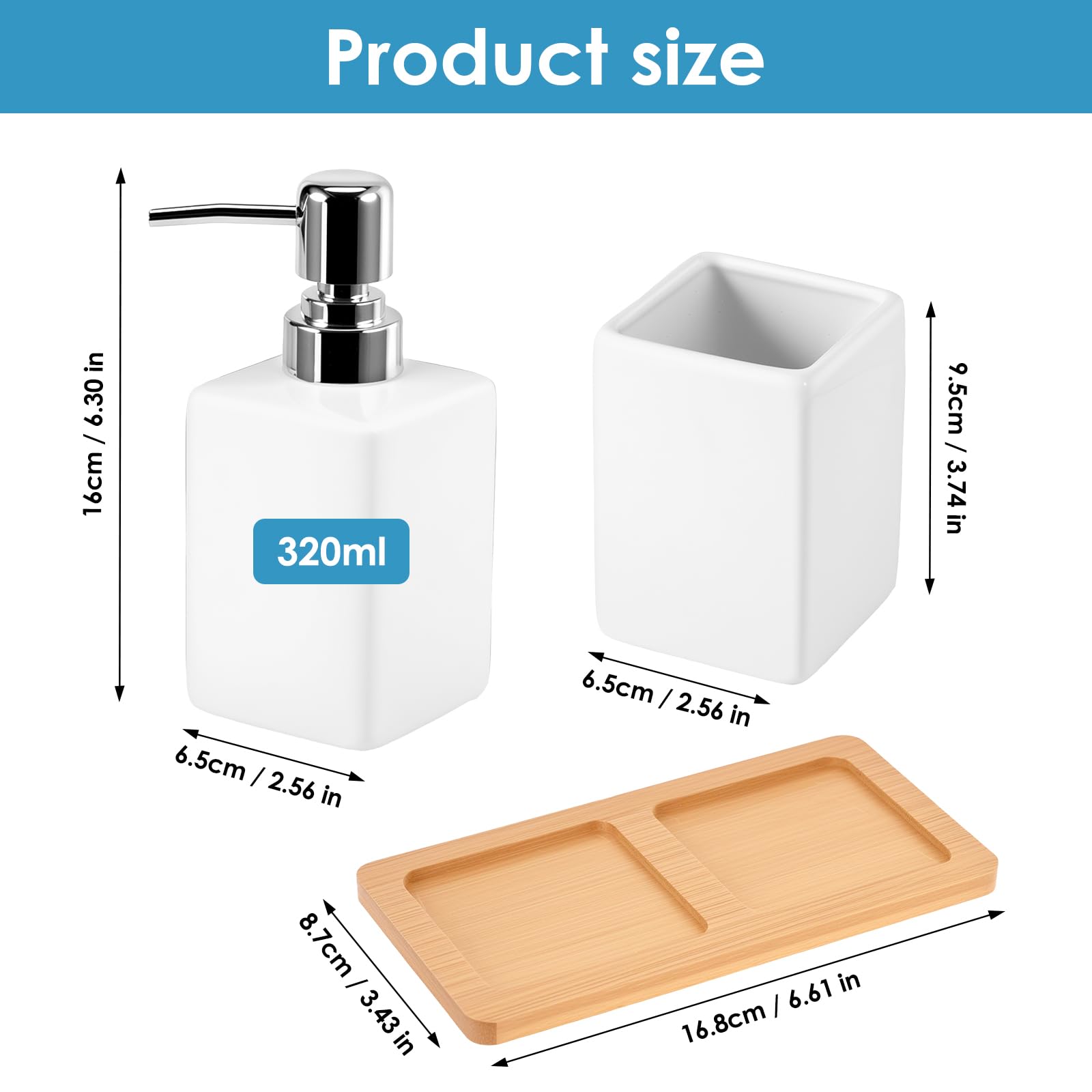 Bathroom Accessories Set, 3Pcs Soap Dispenser Toothbrush Holder & Bamboo Tray - Image 2