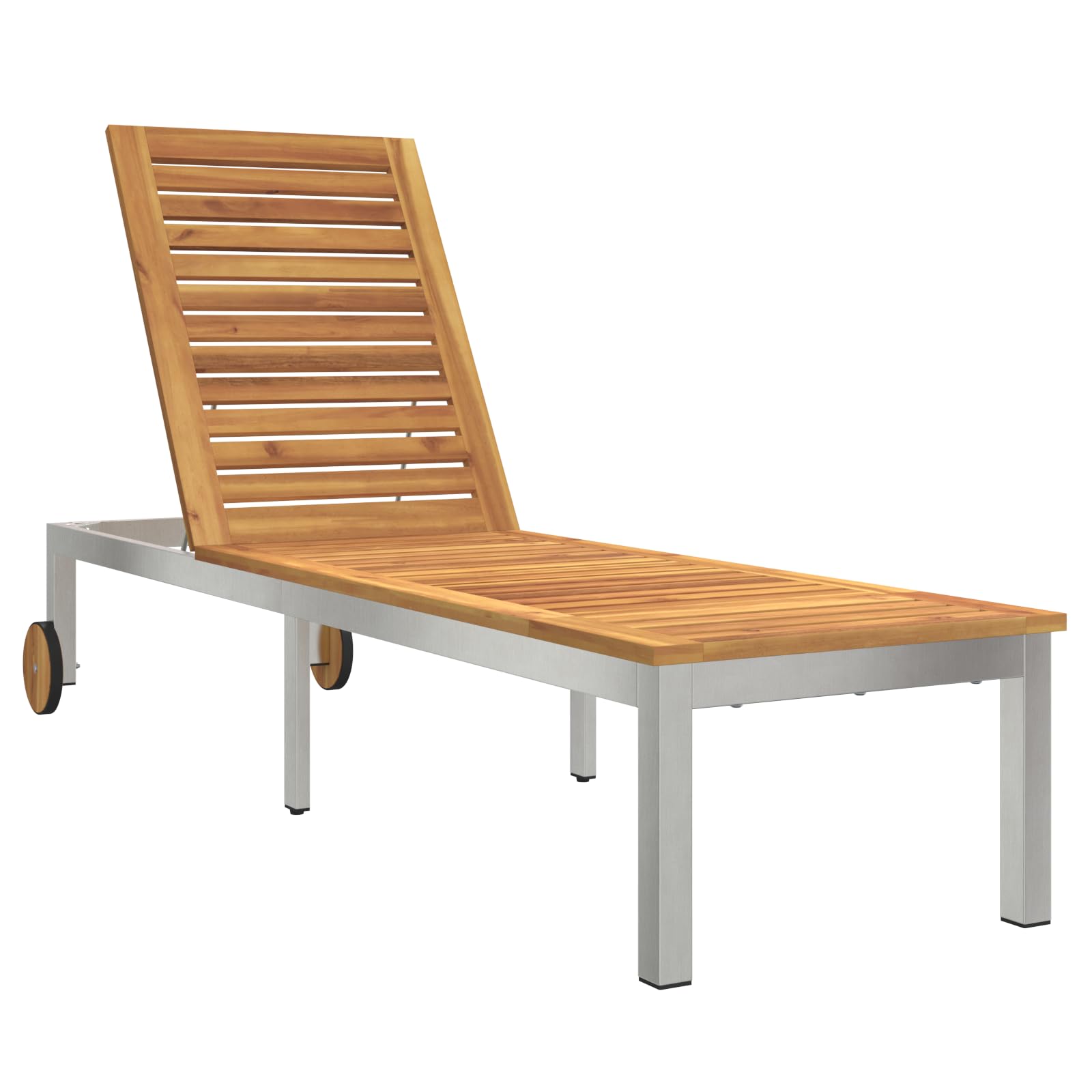 Lettino prendisole con ruote in legno massello di acacia e acciaio inox, schienale regolabile, resistente alle intemperie e facile da spostare per giardino o balcone, design moderno, spazioso