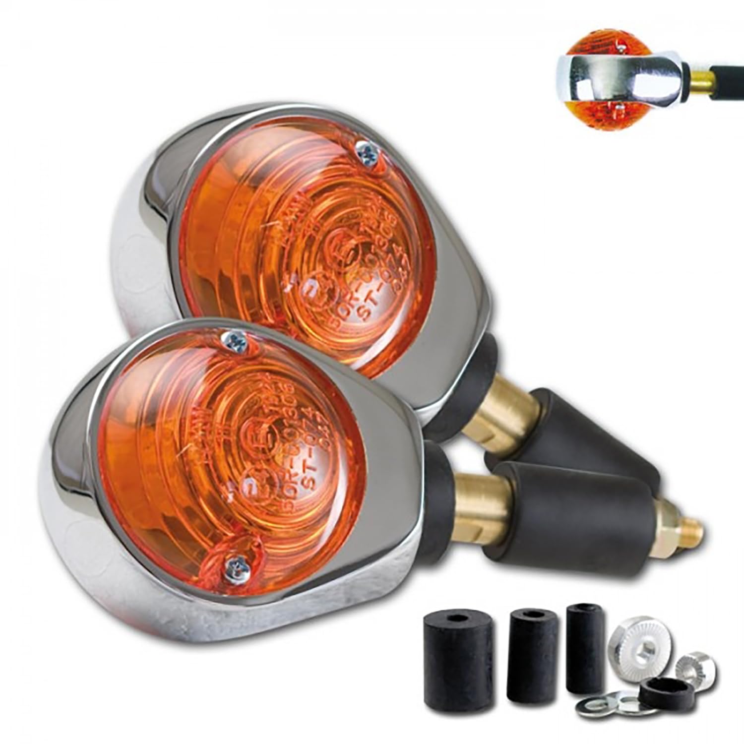 Blinker Paar OCHSENAUGE, chrom, gelbes Glas, 12 V, kompatibel mit Motorrad | Lenkerendenblinker vorn, rund, Metall, 2x mit Befestigungsmaterial, 21 W Halogen, universal; kompatibel mit Roller, Quad