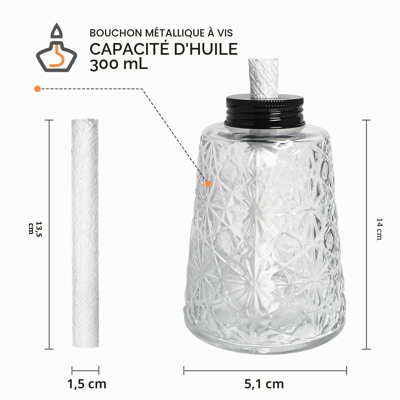 Lot de 3 lampes à huile en verre transparent avec 3 mèches pour décoration intérieure ou extérieure