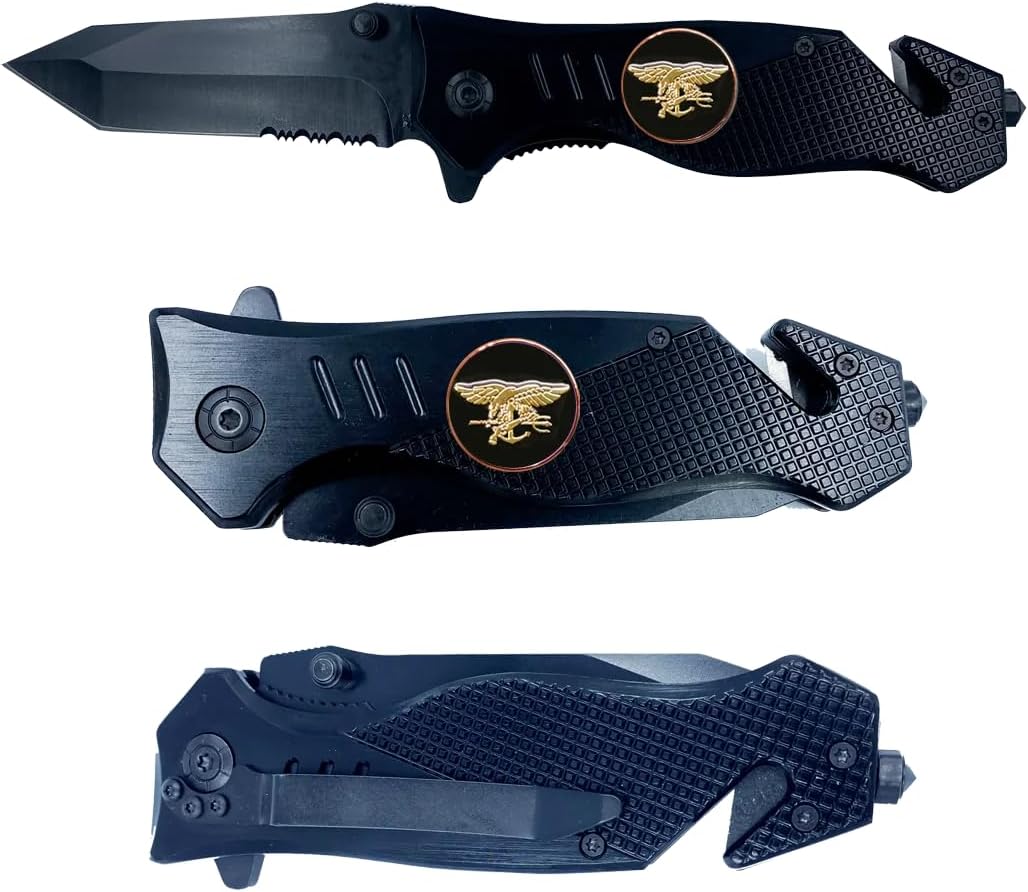 LEO Challenge Coins Navy Seal Team 6 Naval Special Warfare Trident Pocket Knife 3-in-1 Rescue tool, black