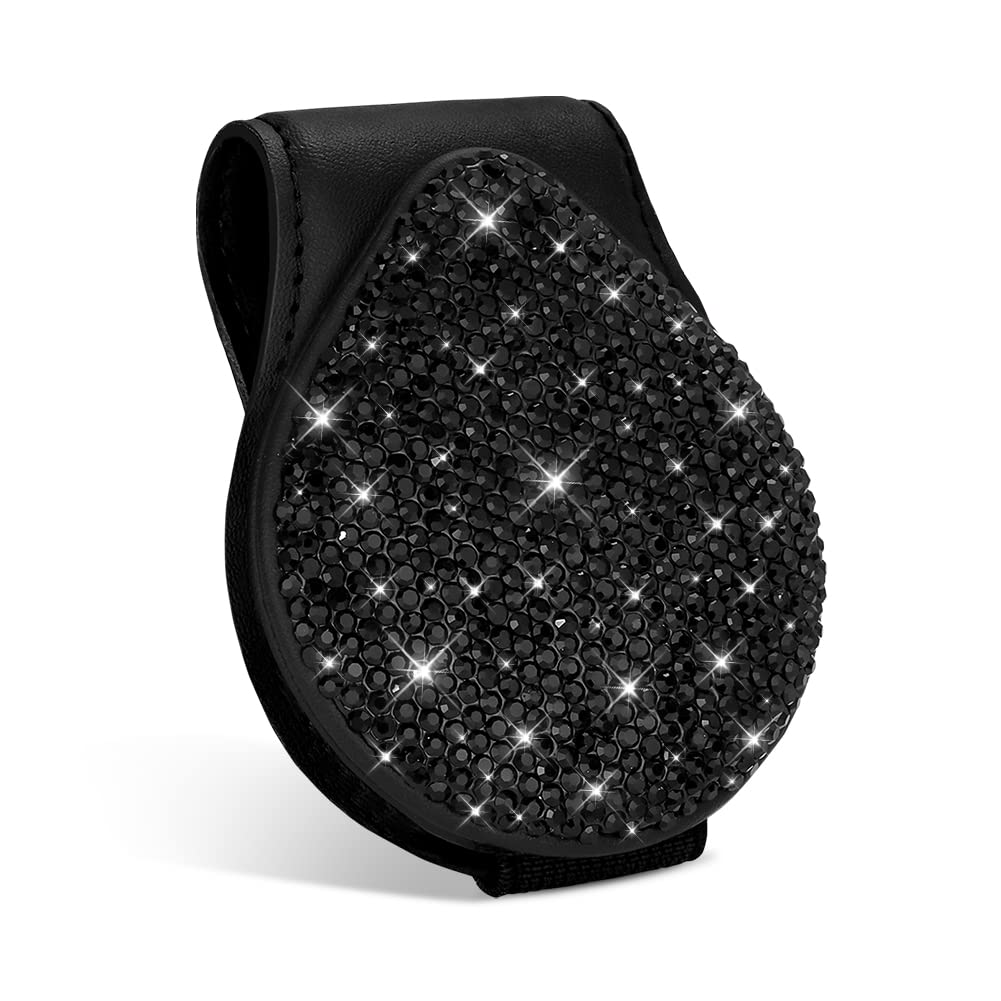 SAVORI Bling Sunglasses Holder for Car Sun Visor Magnetic PU Leather Glasses Eyeglass Hanger Clip for Car Decoration Accessories (Black)