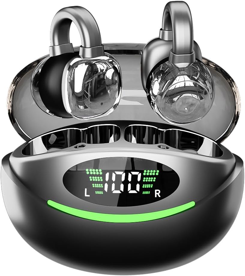 Open Ear Clip Headphones Wireless Bluetooth 5.3 Earbuds with Microphone,IPX5 Waterproof Sport Earphones Bone Conduction Headphones Bluetooth Headset for Running,Sports,Cycling,Driving,White