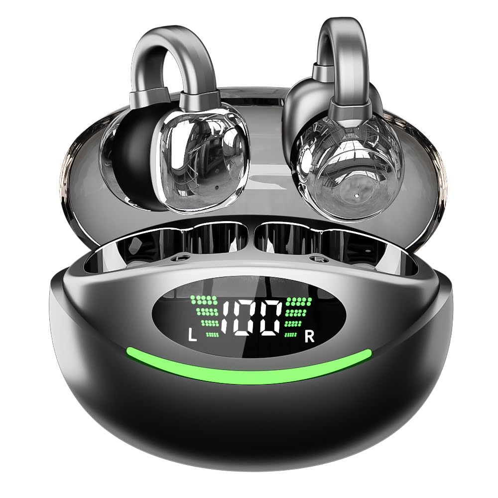Open Ear Clip Headphones Wireless Bluetooth 5.3 Earbuds with Microphone,IPX5 Waterproof Sport Earphones Bone Conduction Headphones Bluetooth Headset for Running,Sports,Cycling,Driving,Black-image-45