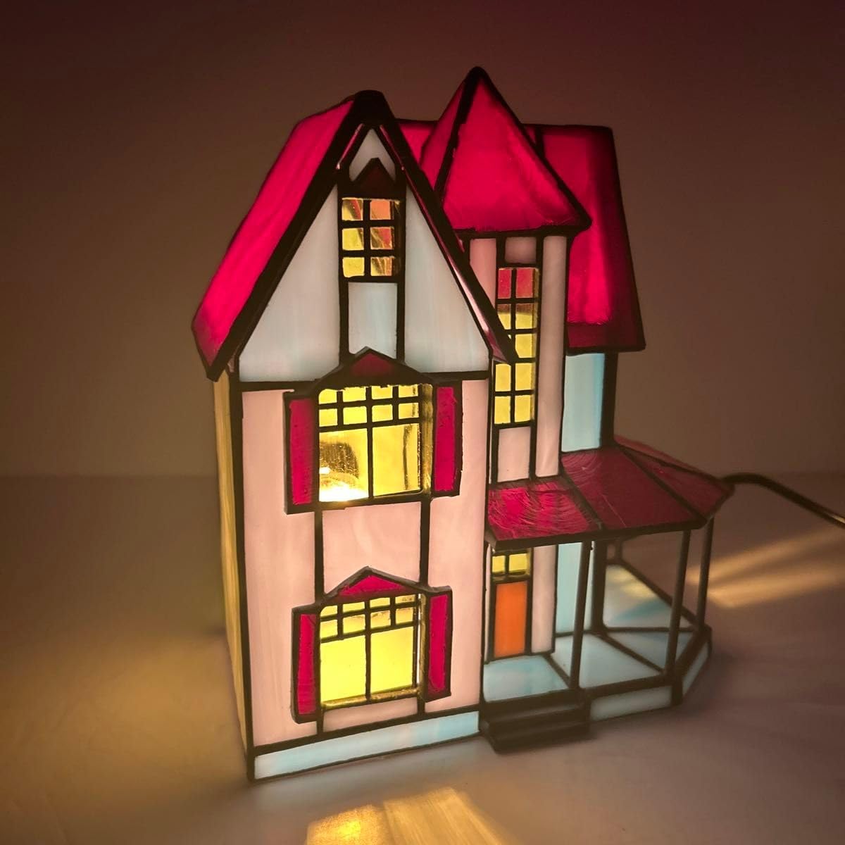 ガラス工芸/ステンドグラス【ステンドガラスのハウス型ライト/青い三角