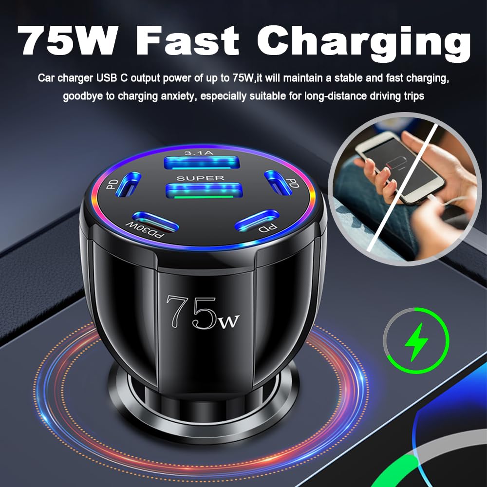 Cargador de coche de 6 puertos USB C y USB A, adaptador de cargador de coche ultrarrápido de 75 W con Super/PD30W/PD/3.1A, adaptador universal de 12V/24V para encendedor de coche, adaptador USB para
