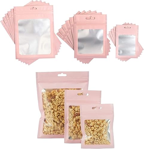 Bolsas de plástico resellables rosadas, bolsas de almacenamiento transparentes en 3 tamaños (paquete de 120)