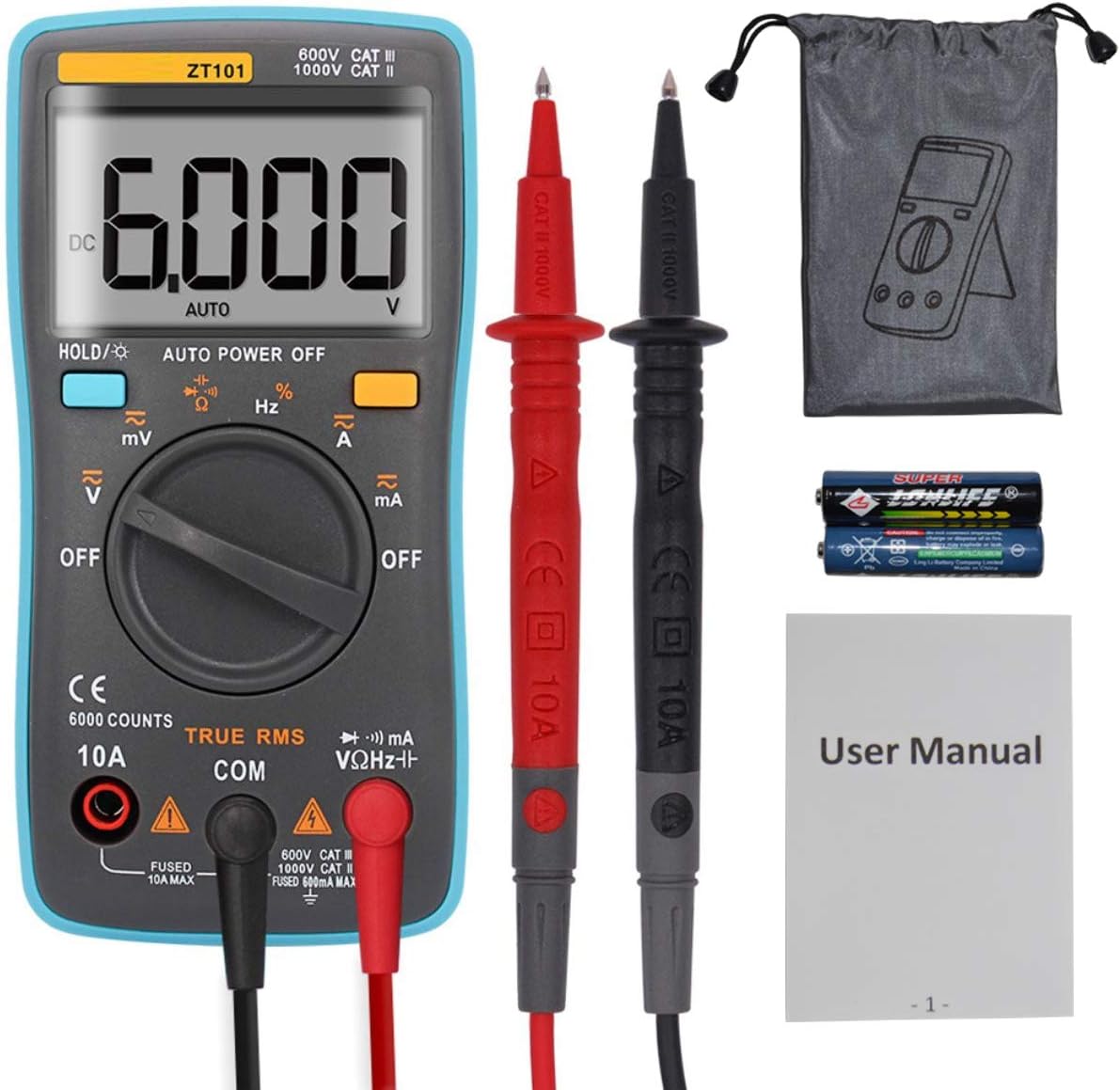 Auto-Ranging True RMS Digital Multimeter 6000 Counts & Backlit LCD Display, Measures AC/DC Voltage & Current, Resistance, Capacitance, Frequency, Duty Cycle, Diode, Continuity by EX ELECTRONIX EXPRESS