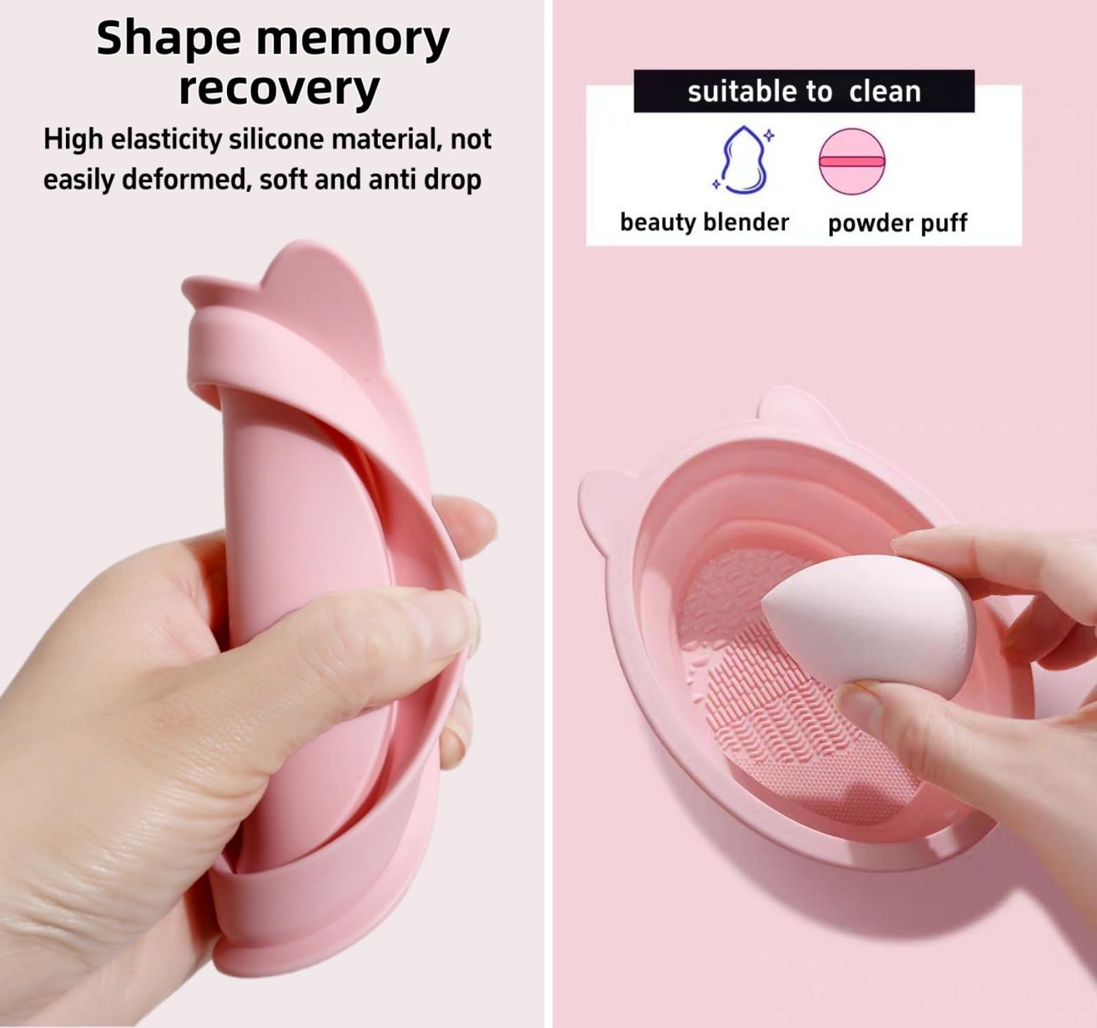 Tappetino in silicone per la pulizia dei pennelli da trucco, rosa, ciotola portatile pieghevole, spugnetta per frullatore di bellezza, strumento di lavaggio per pennelli da trucco con design a