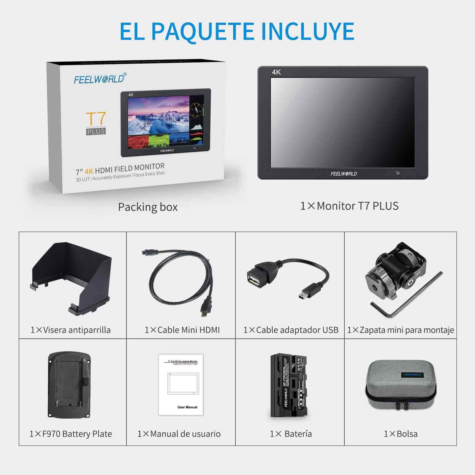 Feelworld T7PLUS Monitor de Campo DSLR de 7 Pulgadas con Batería F550 de 2200 mAh Full HD Focus Video Assist 1920x1200 IPS con Salida de Entrada HDMI 4K
