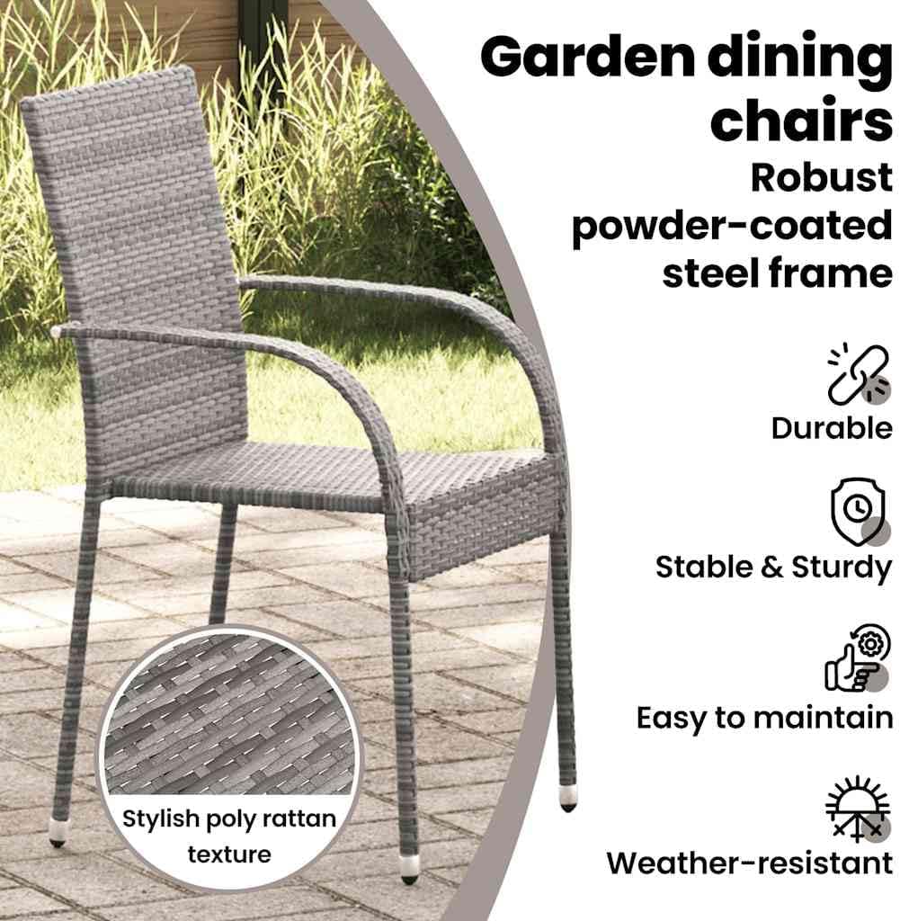 vidaXL Stackable Patio Dining Chairs - Set of 2, Gray Poly Rattan, Outdoor, Garden, Terrace Seating, Steel Frame, Easy Assembly