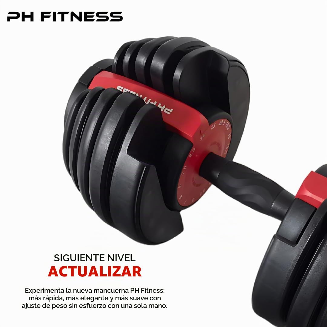 PH Fitness Mancuernas Ajustables Premium 24kg – 15 en 1 con Ajuste Rápido con Una Mano – Juego Compacto para Gimnasio en Casa – 2.5 a 24 kg – Equipo de Fitness Ahorra Espacio