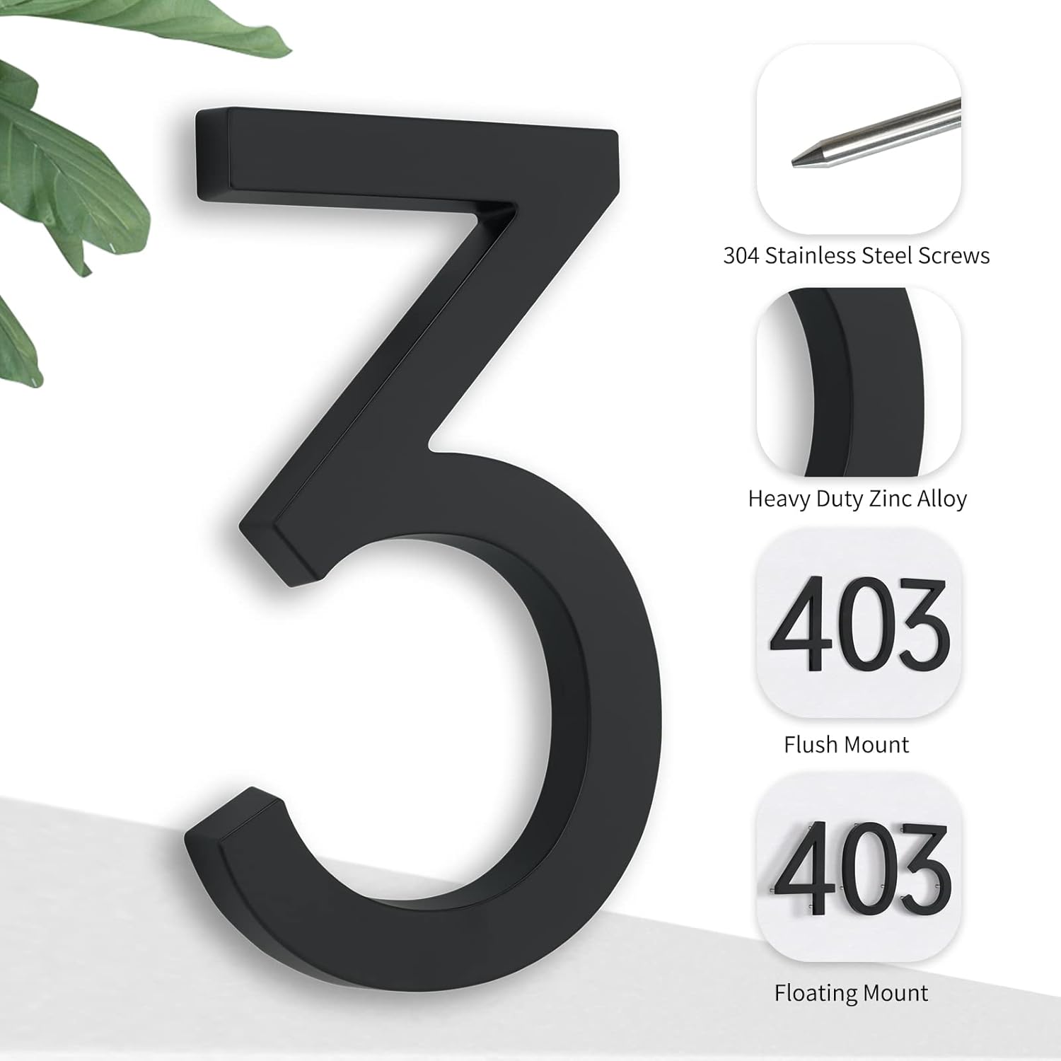 Modern Black Zinc Alloy 7 Inch Street Numbers - Flush Mount, Floating, Large House Numbers For Address thumbnail