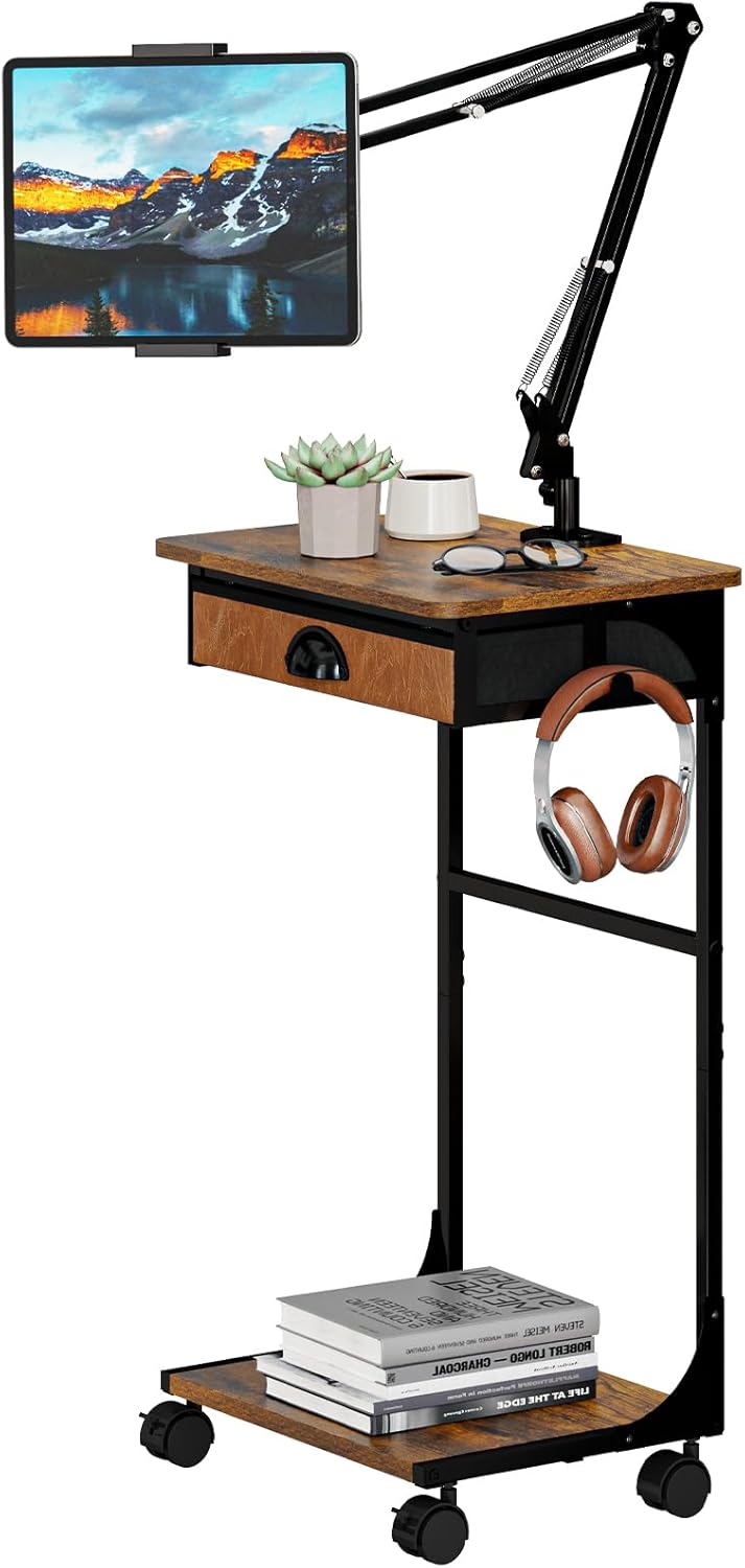 Floor Kindle Phone Tablet Stand with Drawer & Storage Shelves, Angle Height Adjustable Tablet Kindle Cell Phone Holder For Bed with Rotating Wheels, Compatible With 4.7"-13" Tablet iPone iPad Air Pro