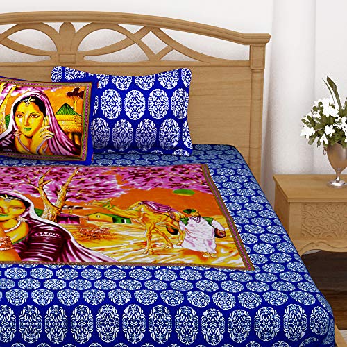 Image of Story@Home Vintage Jaipuri Collection 152 TC Cotton 1 Bedsheet for Double Bed and 2 Pillow Cover - Paisley, Blue