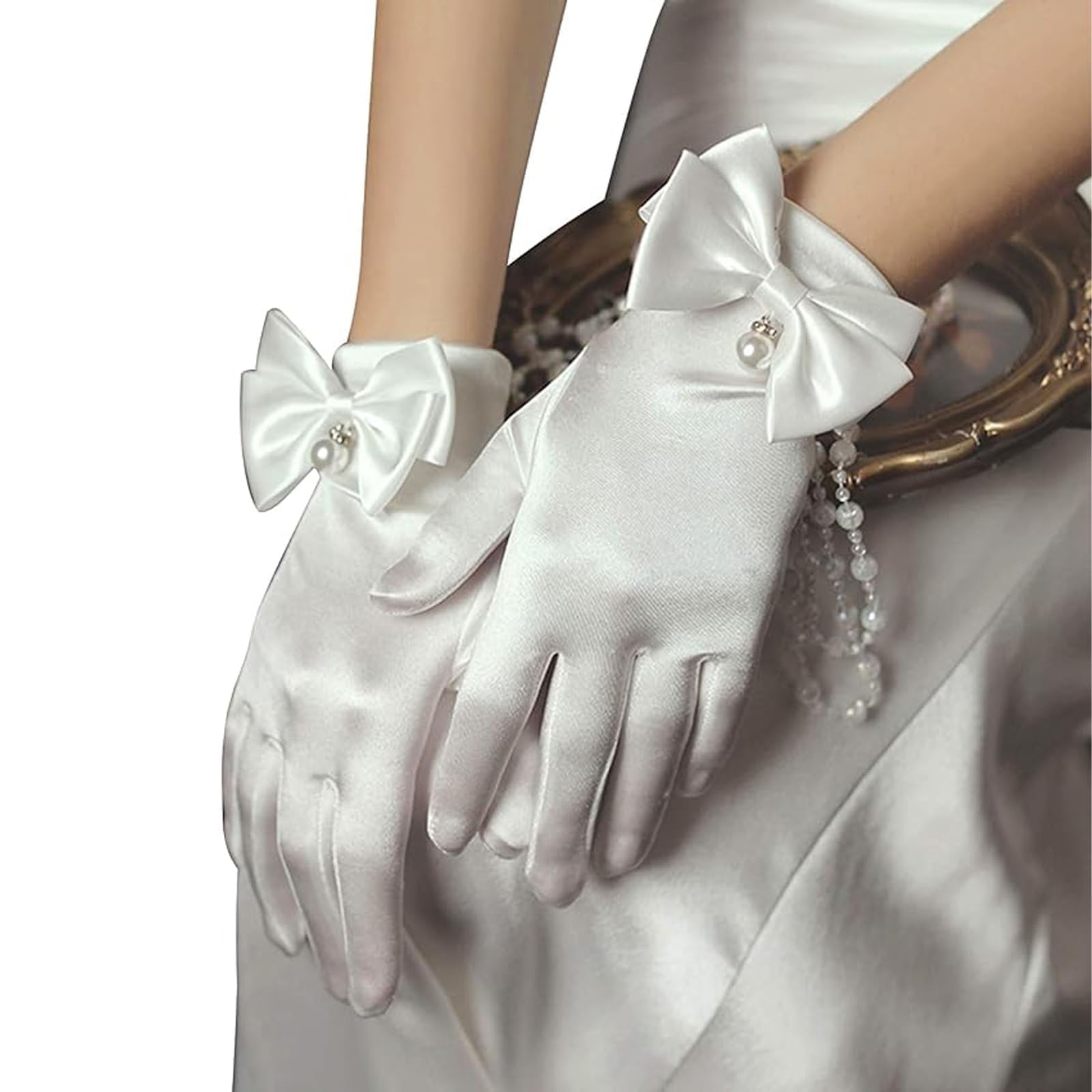 YUISI Ladies Lace Gloves/Bridal Wedding Lace Satin Gloves/White Princess Gown Gloves for Women, White Wedding Gloves for Masquerade, Party (A)