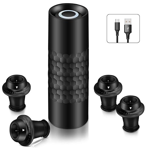 Electric Wine Pump Set, with 1 Wine Saver Pump and 4 Vacuum Wine Stoppers, Reusable Bottle Stopper, Type-C Charging, Black