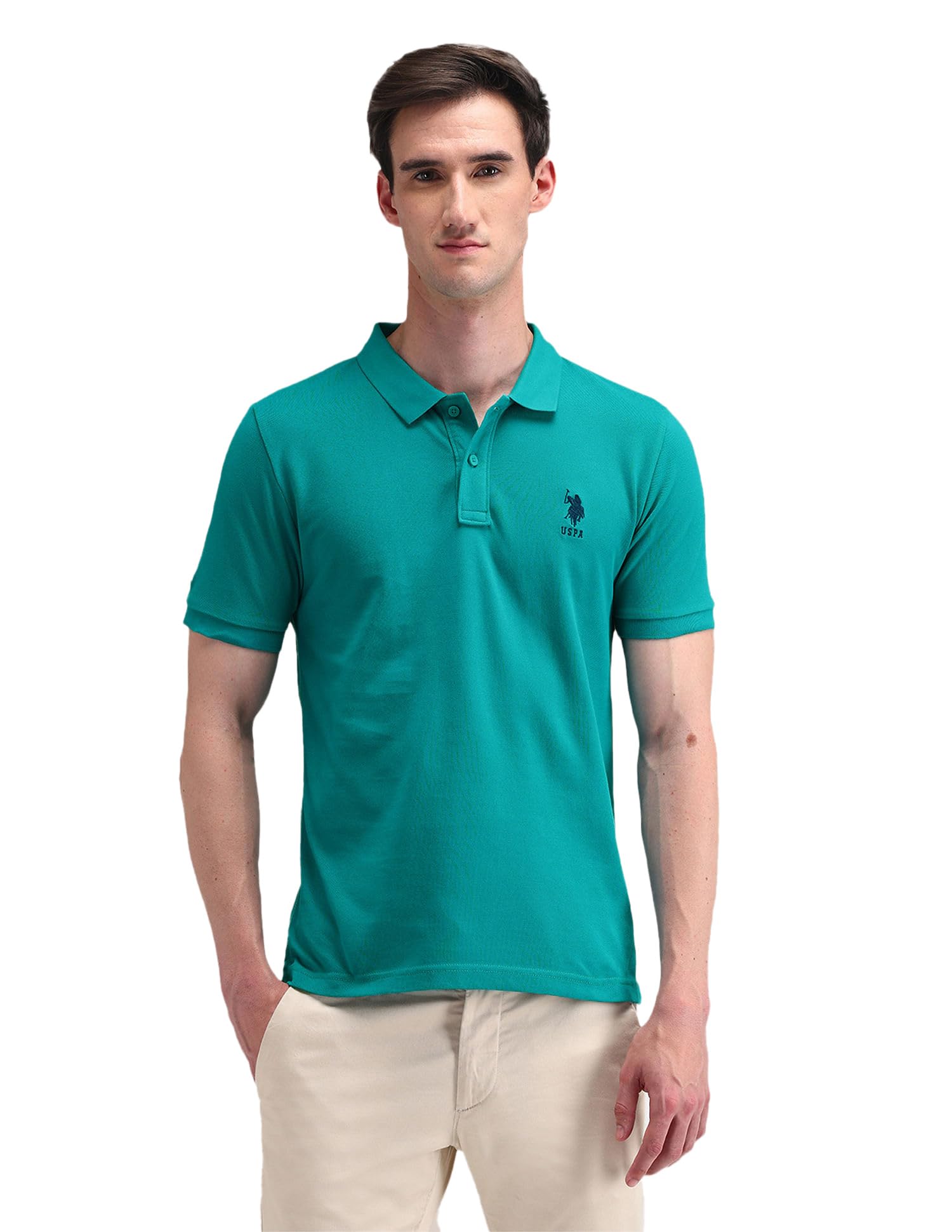 u.s. polo assn. U.S.Polo Association Mens Green Solid Polo Collar Half Sleeve Casual Cotton Regular Fit T-Shirts-picture-37