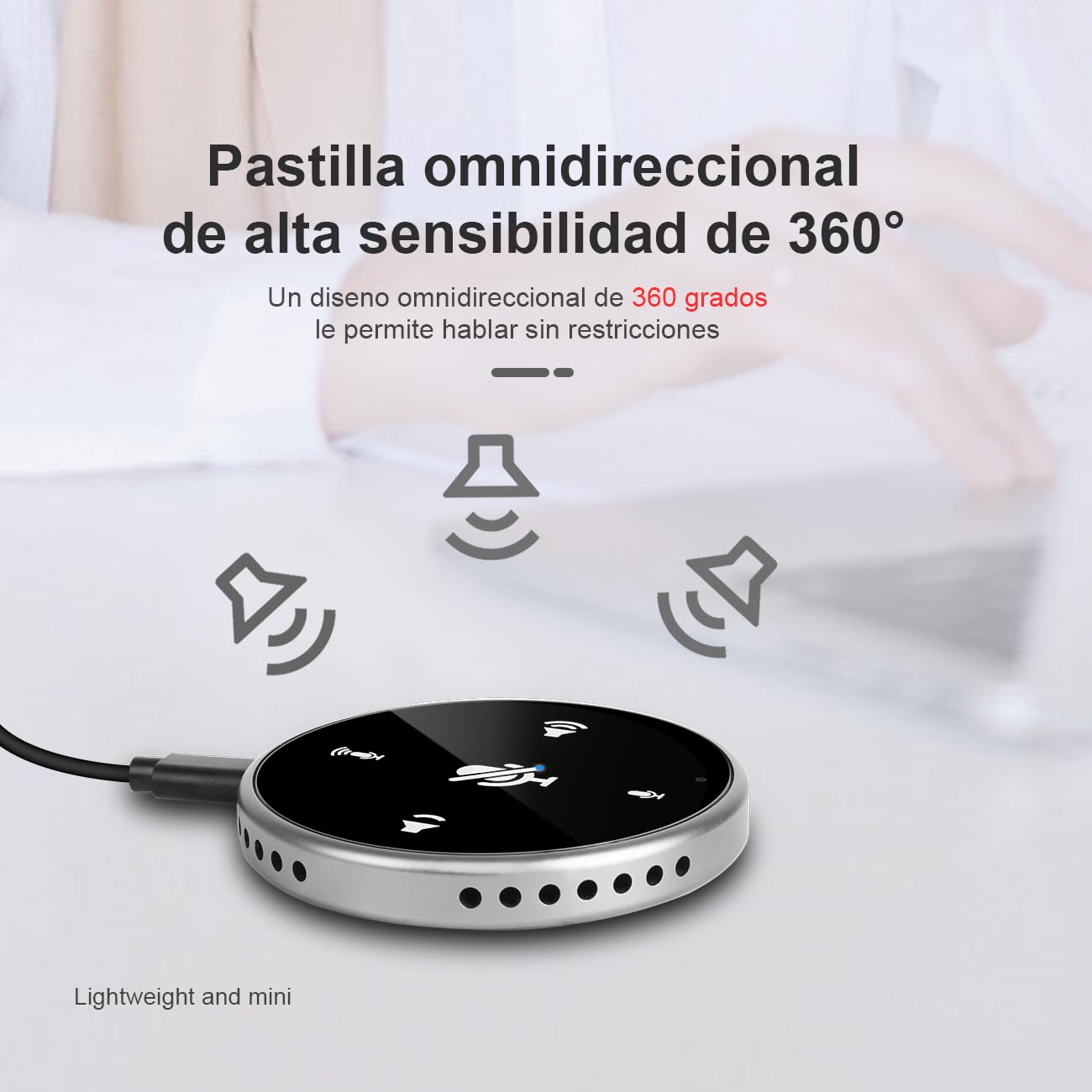 Depusheng Altavoz USB Q5 Altavoz de Conferencia Negro y Gris con luz indicadora, Interruptor/Volumen/Botones de grabación Idea para Oficina en casa Captura de Voz de 360º