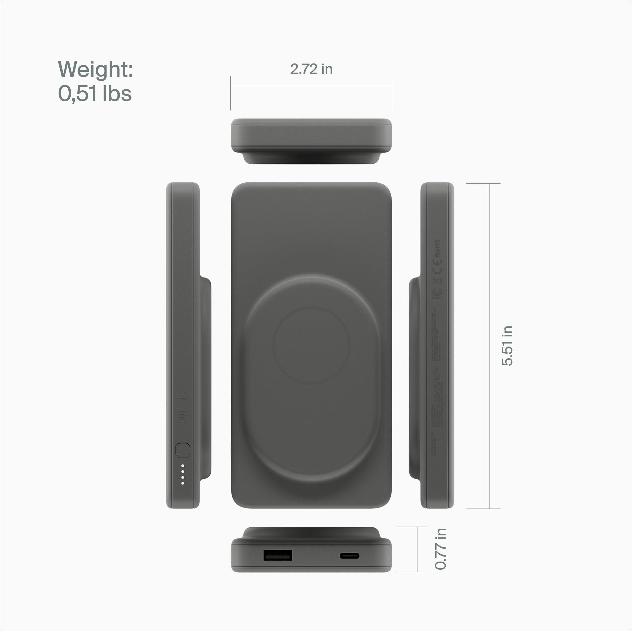 Clemm Cargador inalámbrico portátil de 10 K mAh de doble puerto (USB-A, USB-C) cargador de carga rápida para iPhone 16/15/14, Samsung Galaxy, iPad, Google Pixel y más, grafito