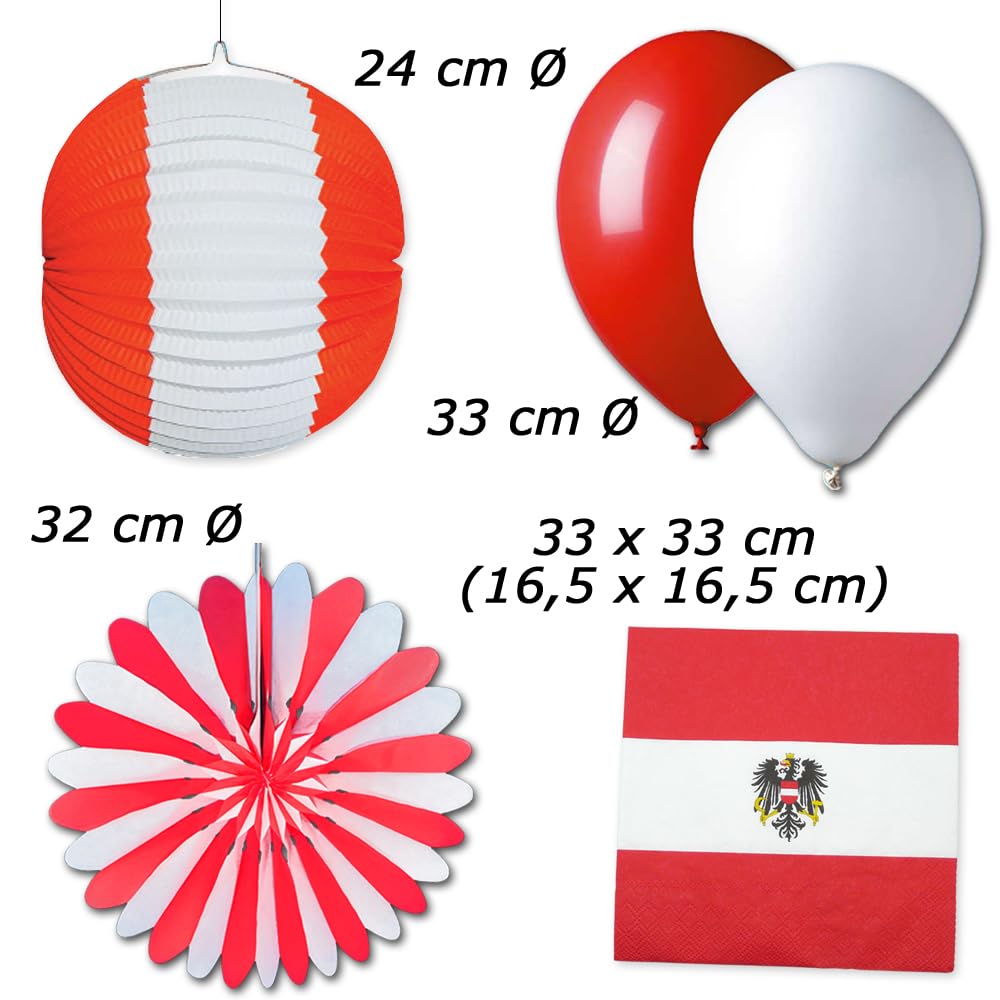 Österreich Deko Set rotweißrot groß - Partydeko im Design der rot-weißen, österreichischen Flagge, Girlanden, Fähnchen, Fahnenkette, Tischdeko Motive, Dekohänger, Lampion, Servietten im Dekoset