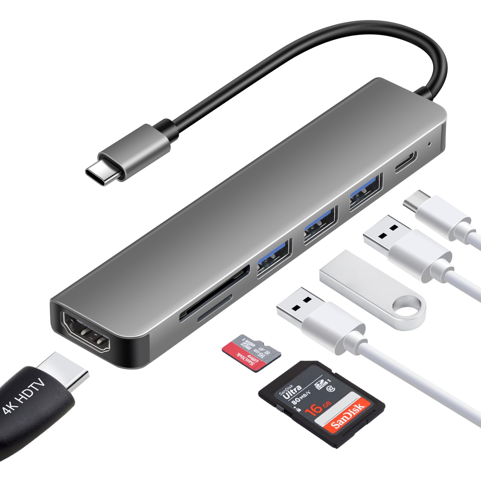 DEMKICO 7-in-1 USB C Hub Multiport Adapter mit 4K HDMI, USB-C PD, USB 3.0, Dual USB 2.0 & SD/TF – Kompakter USB C zu HDMI Adapter für Laptops, Tablets & Smartphones