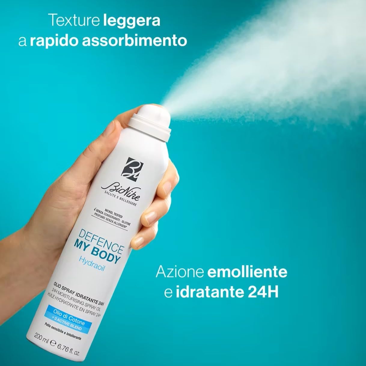 BioNike - Defence My Body, HydraOil Olio Spray Idratante 24h, Azione Emolliente, Texture Leggera e Non-Oil, 200ml