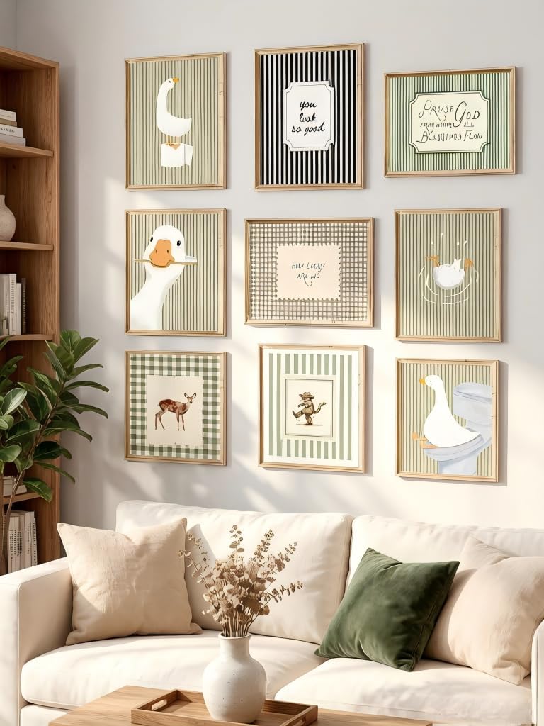 RYZopmuy Vintage Goose Bathroom Wall Art Prints, Sage Green Gingham, Set of 9, Unframed, 8x10 Inch living room, bedroom, bathroom Decor