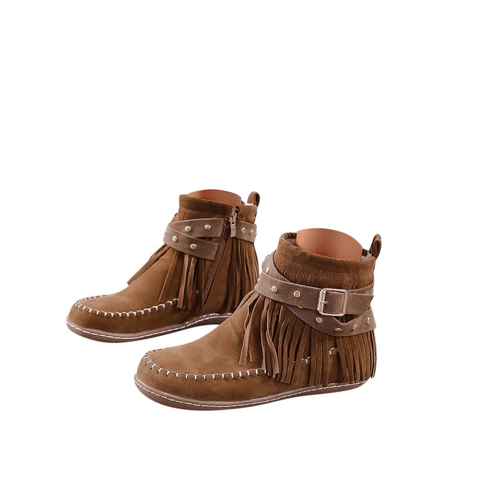 Womens Suede Fringe Ankle Boots Round Toe Flats Winter Warm Fashion Western Outdoor Short Boots with Zipper Womens