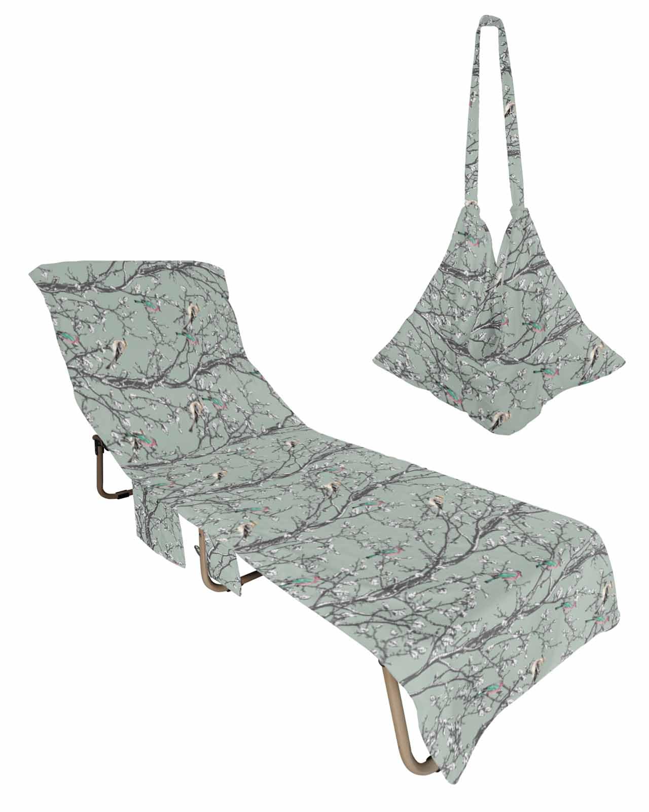 Green Birds Branches Beach Chair Towel Covers for Chaise Lounge with Side Pocket, Soft Plush Pool Towels Cover for Patio Sunbathing Outdoor 29''x85'' Retro Farmhouse Garden Leaves