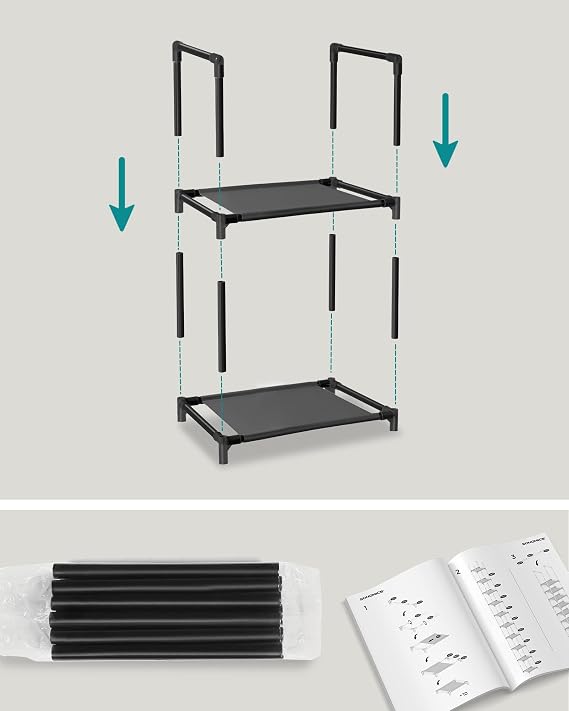 SONGMICS 10-layer shoe rack, shoe stand, space-saving shoe storage, 33 x 33 x 173 cm, metal frame, non-woven fabric shelves, hallway, bedroom, black LSR110B02