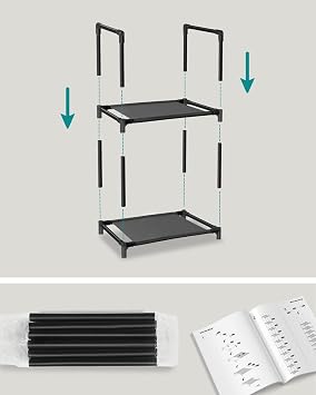 SONGMICS 10-layer shoe rack, shoe stand, space-saving shoe storage, 33 x 33 x 173 cm, metal frame, non-woven fabric shelves, hallway, bedroom, black LSR110B02