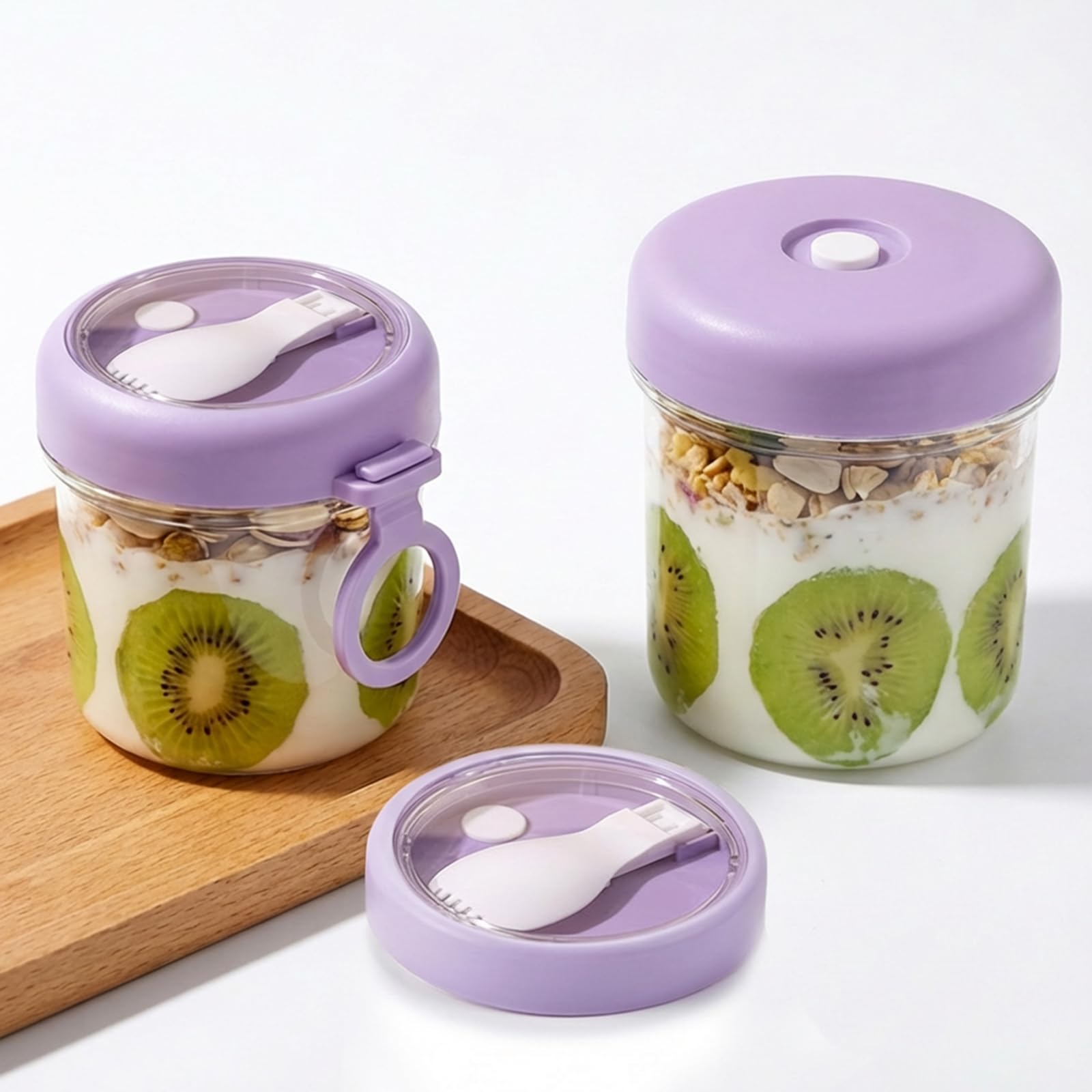 CenviaLuxy 2PCS Overnight Oats Jars with Lids, Leakproof Portable Glass Containers buited in Folding Spoon for 16OZ and 10OZ Milk Yogurt Cereal Fruit Nut Sauce Snack