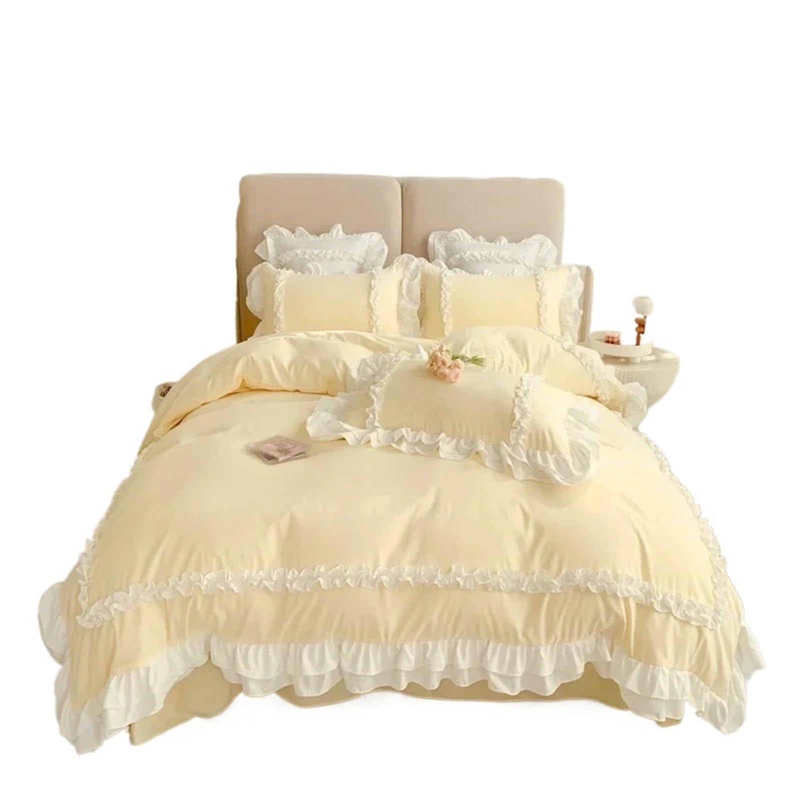 GCYEIDMA Ruffle Duvet Cover Lace Bedding Sets Bed Linen Washed Cotton Ruffle Duvet Cover Sheet and Pillowcases(Yellow,200x230cm 4pcs)
