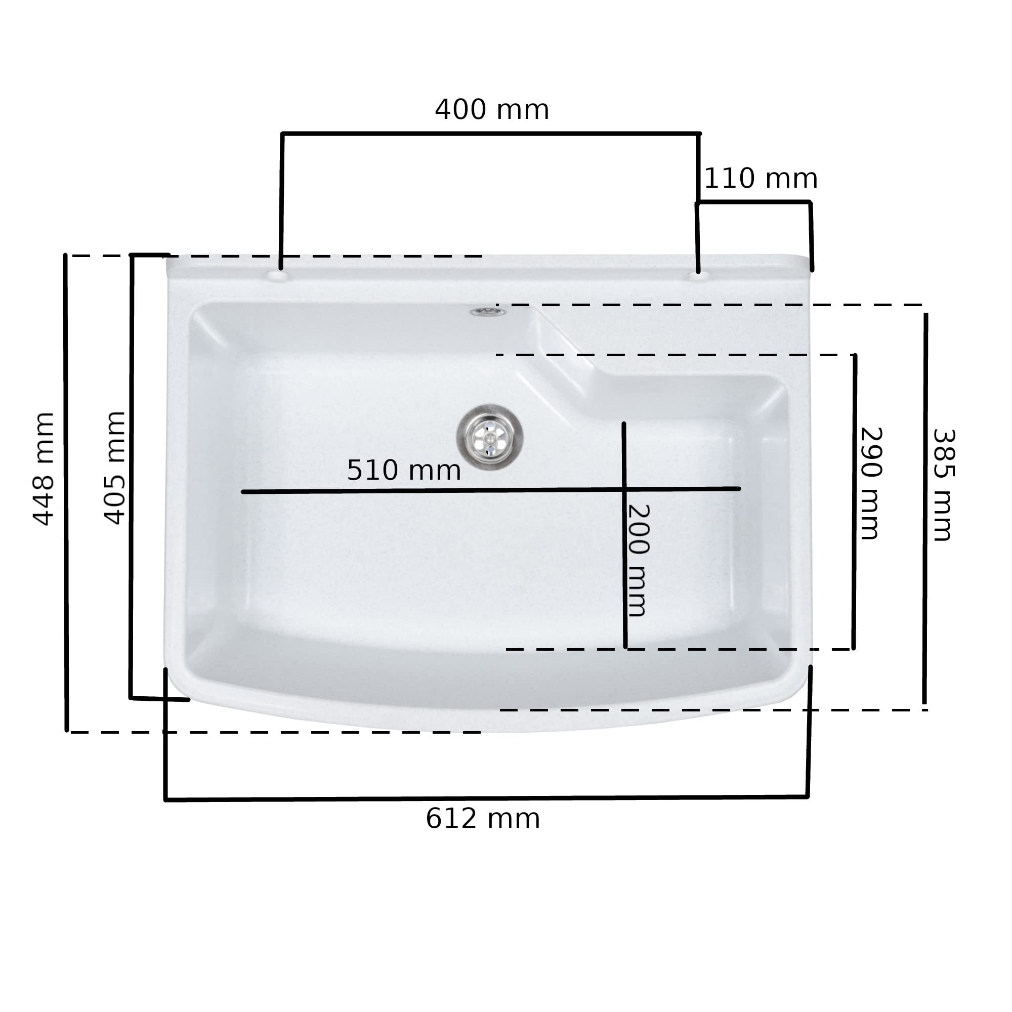 Lavabo con sifón de plástico blanco granito, 61 cm de longitud, instalación de agua, para cocina, baño, resistente