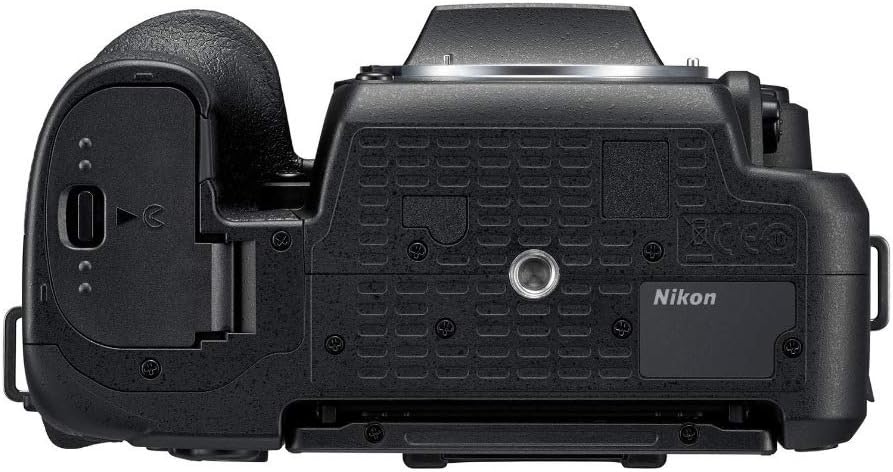 Bottom view of Nikon D7500 camera showing battery and memory card compartments