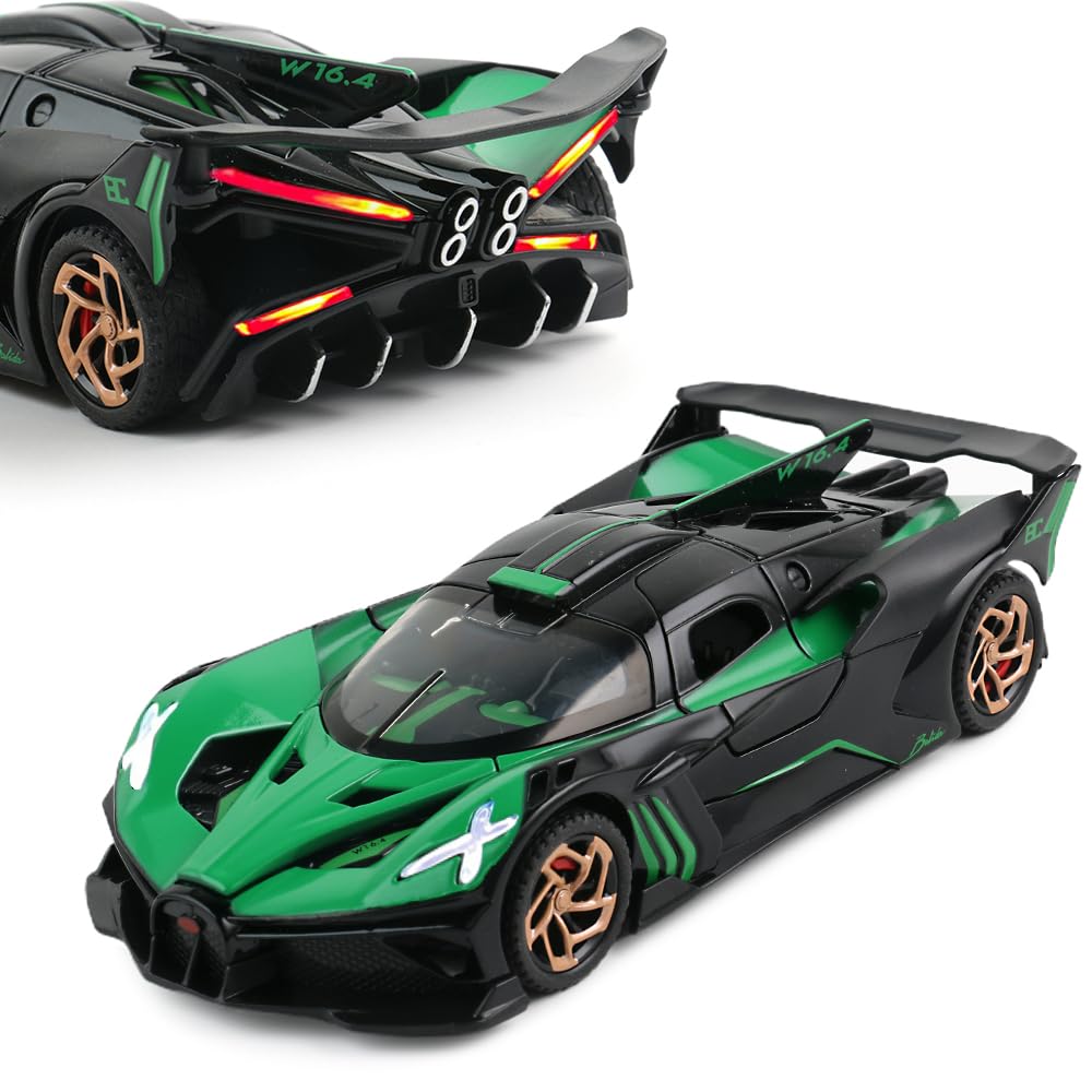 Diecast Toy Car Bugatti Bolide Sports Car Model,Zinc Alloy Simulation Casting Pull Back Vehicles,1:32 Scale Mini Electronic Supercar Toys with Lights and Music for Toddlers Kids Children Gift
