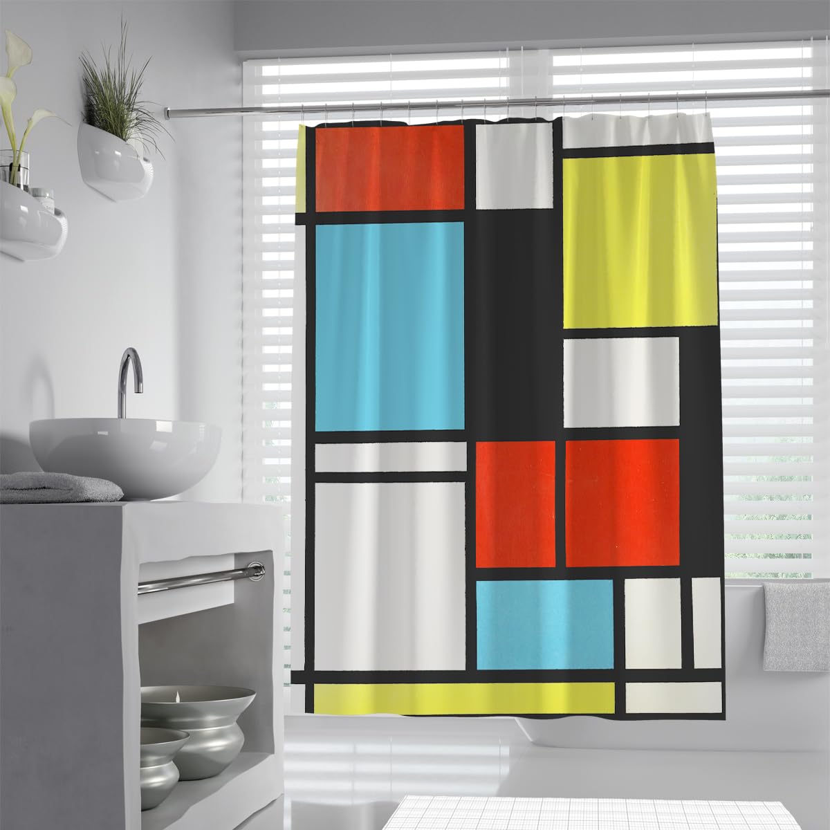 OLLIAR Home Contemporary Abstract Plaid Shower Curtain Set Geometric Lines Colorful Yellow Red Light Blue Squares Waterproof Fabric Curtain with Hooks 200x220cm